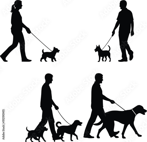 People walking dogs silhouette set, pet owner outdoor activity vector illustration, black and white human animal companionship design