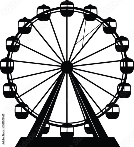 Ferris wheel silhouette illustration, amusement park ride vector, carnival attraction icon, black and white fairground entertainment design graphic