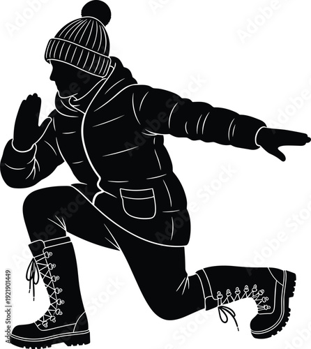 Winter sport silhouette illustration, snowboarder or runner in cold weather gear, dynamic action pose, black and white vector design