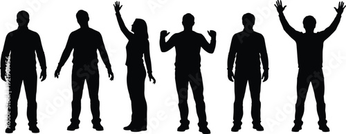 People silhouette collection, standing men and woman vector set, human pose variations, black isolated figures, body language illustration