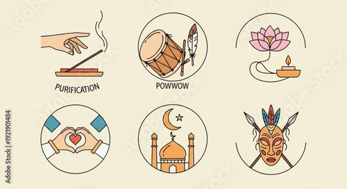 Collection of cultural and spiritual symbols in circular frames.