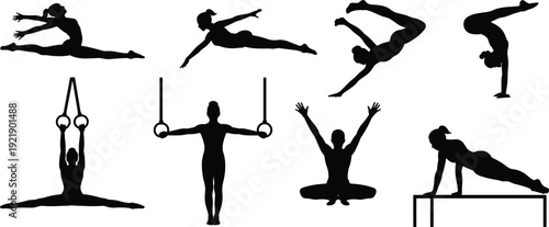 Gymnast silhouettes set, artistic gymnastics sport poses collection, fitness training concept, flexible athlete movements, isolated black vector illustration