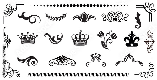 Premium vintage vector ornament collection featuring elegant flourishes, crowns, floral motifs and decorative borders. Ideal for branding, invitations, packaging, logos and sophisticated design projec