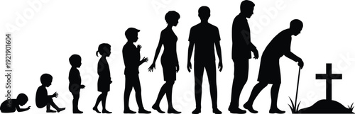 Human life stages silhouettes, aging process from baby to elderly concept, growth timeline illustration, lifespan development cycle, isolated vector illustration
