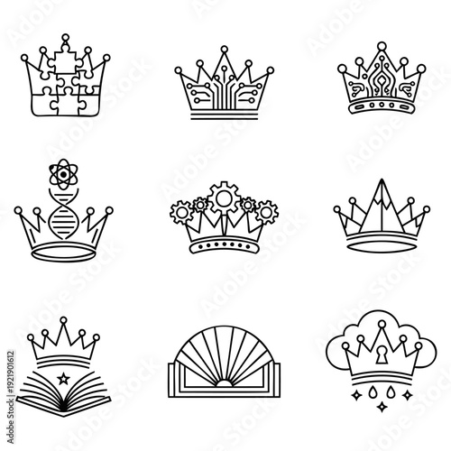 Set of nine unique line art crown icons symbolizing diverse concepts such as technology, science, nature, and knowledge.