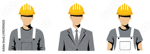 Construction worker and engineer avatar icon collection. May Day concept Includes a builder in grey overalls, an engineer in a suit, and a painter in white overalls. 