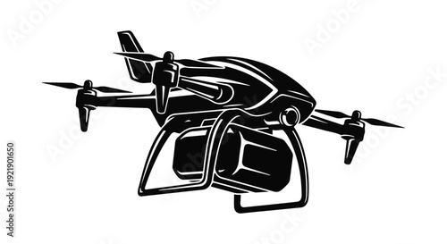 Drone flying in air with propellers and camera equipment modern technology