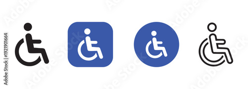 Disability and accessibility outline and fill icon collection. Includes wheelchair, handicap, disabled, and access symbols. Created in flat and line style with black and logo concept.