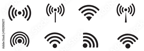 Wireless signal glyph icon collection. Includes WiFi, network, hotspot, radio, broadcast, antenna, and internet connection symbols. Created in black and white flat style with a monochrome