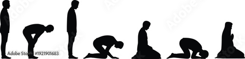 Muslim prayer positions silhouettes set, Islamic salah sequence illustration, people praying poses collection, worship posture steps, Ramadan prayer silhouette vector