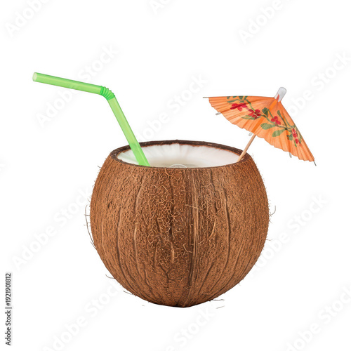 A coconut cocktail with an umbrella and straw