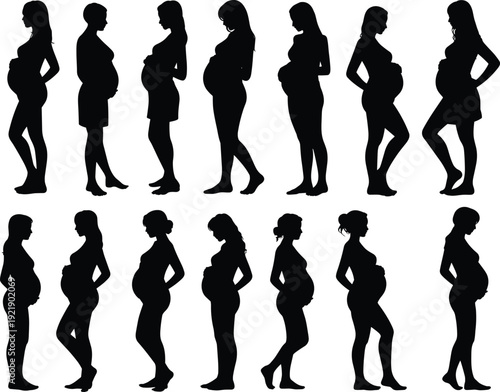 Pregnant women silhouettes set, maternity pregnancy poses collection, expecting mother lifestyle concept, prenatal care illustration, motherhood stages, isolated female vector characters