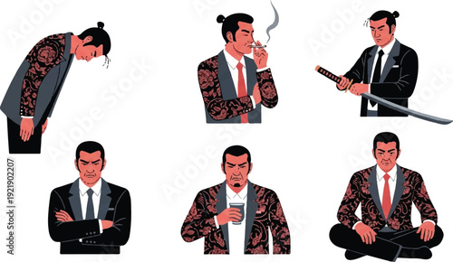 Businessman in various poses with traditional tattoo pattern