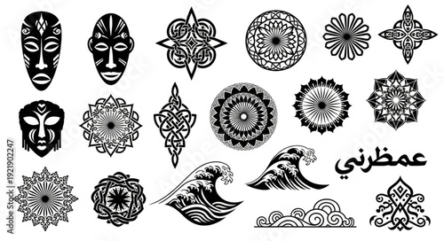 Collection of Tribal Masks Mandalas and Ocean Waves Designs.