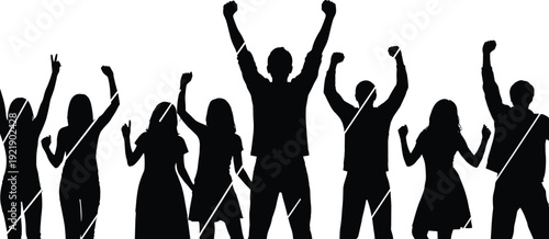 Cheering crowd silhouette illustration, excited people raising hands vector art, celebration party group black and white graphic design