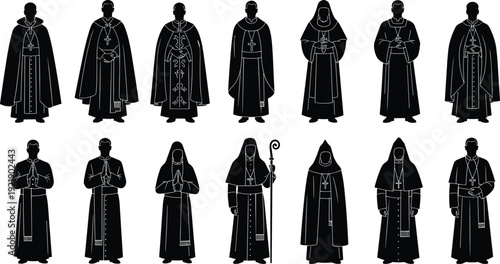 Christian clergy silhouettes set, priests and monks in traditional robes vector illustration, black and white religious figures collection