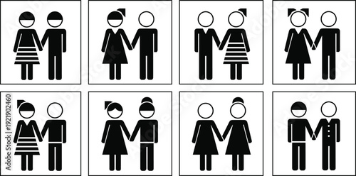 Gender identity and relationship icons set, diverse couples pictogram collection, inclusive equality symbols, black and white vector illustration design