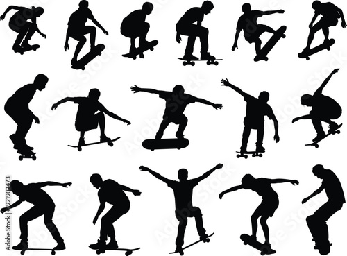 Skateboarder silhouettes set, extreme sport action poses collection, skateboarding tricks concept, youth street lifestyle illustration, dynamic skater characters, isolated vector design