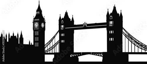 London skyline silhouette with Tower Bridge and Big Ben, black and white city landmark vector illustration design