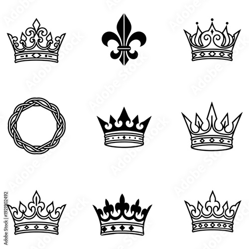 Group of nine detailed line art crown and fleur-de-lis icons, perfect for representing royalty, power, and achievement.