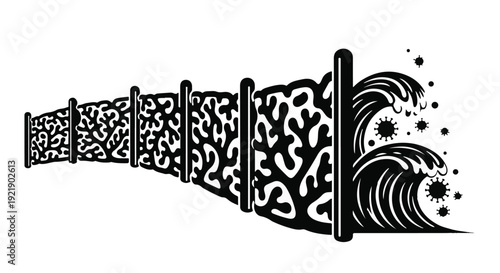 black and white wave crashing on fence line illustration