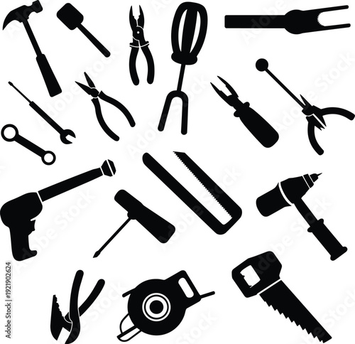 Hand tools silhouettes set, construction repair equipment collection, workshop instruments concept, hardware mechanic toolkit icons, isolated black vector illustration