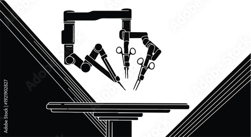 Robotic arms with pens and pencils on desk in modern workspace with geometric background, symbolizing innovation and technology in creative industry