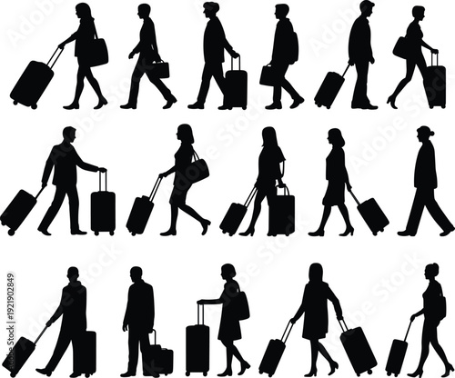Travelers silhouettes set, business people walking with luggage bags, airport journey concept, tourism transport lifestyle characters, isolated travel passenger vector illustration