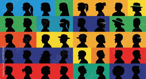 Diverse Silhouettes of People in Profile Against Colorful Backgrounds.