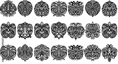 Collection of Ornamental Floral Decorative Elements in Black and White.