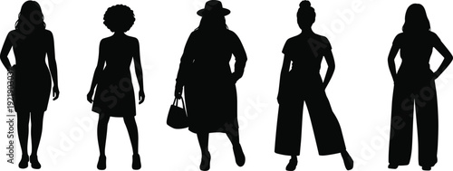 Women silhouettes collection, female standing fashion poses set, modern lifestyle characters, stylish lady figures, isolated black vector illustration