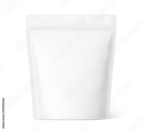 Realistic stand up pouch bag mockup with transparent shadow. Vector illustration isolated on white background. Ready for your design. EPS10.