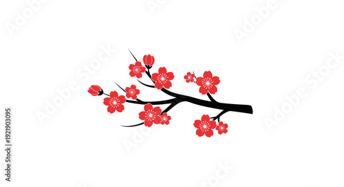 Delicate Cherry Blossom Branch with Vibrant Red Flowers, Symbolizing Spring and Renewal, Isolated White Background
