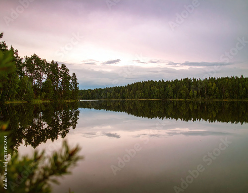 A serene lake perfectly reflects a lush pine forest under a soft purple sunset sky. This tranquil landscape captures natures symmetry, ideal for wellness, travel, and meditation projects.