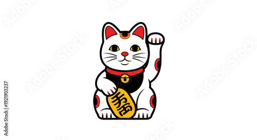 Maneki Neko Japanese Lucky Cat Waving with Gold Coin, Traditional Welcoming Fortune Cat on Isolated White Background