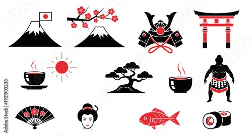 Japanese Culture Icons Set with Mount Fuji, Sakura, Torii Gate, Samurai, Geisha on Isolated White Background