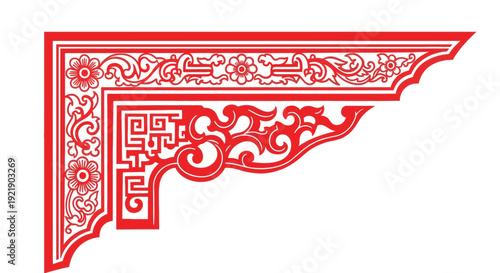 Single Red Chinese Decorative Border with Flowing Scroll and Floral Patterns on Isolated White Background