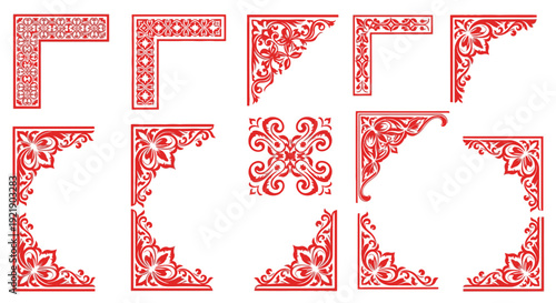Various Red Chinese Style Decorative Corner Frames and Border Elements on Isolated White Background
