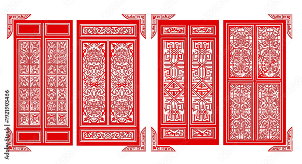 Fototapeta premium Red Traditional Asian Decorative Panels with Intricate Patterns on Isolated White Background