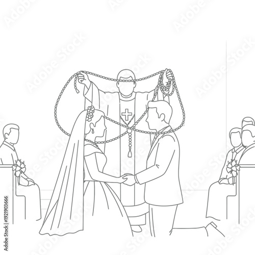 Catholic wedding ceremony showing priest placing lasso rosary on kneeling couple