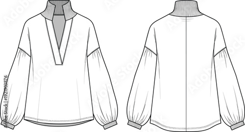 Women's and men's apparel collection featuring evening gowns, tiered dresses, utility jackets, trousers, and shirts technical cad drawing flat vector illustration.