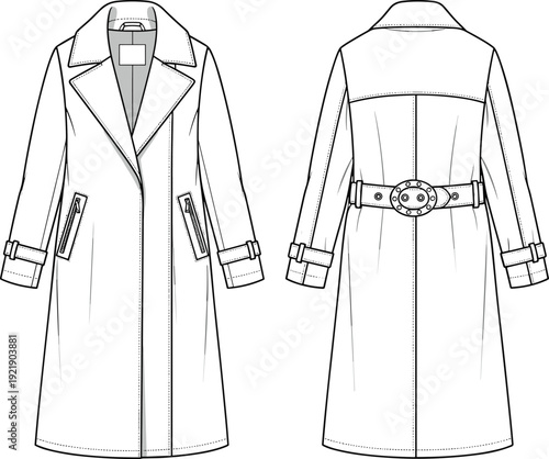 Women's and men's apparel collection featuring tiered maxi dresses, evening gowns, jackets, cargo trousers, and shirts technical cad drawing flat vector illustration.