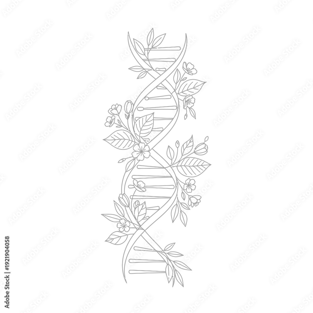 Fototapeta premium Floral genetic strand illustration featuring blooming flowers on dna helix line