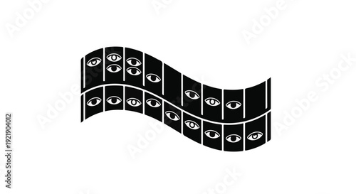 black film strip with eyes on white background