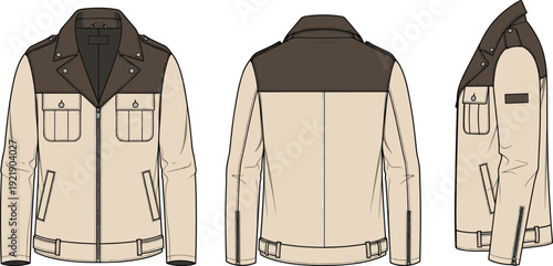 Men's outerwear collection featuring utility bomber jacket and biker jacket technical cad drawing flat vector illustration, apparel design clothing template.