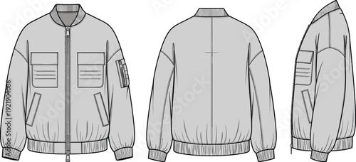 Women's fashion collection including bomber jacket, evening gowns, tiered skirts, button-down blouse, and polo shirt cad drawing flat vector illustration.