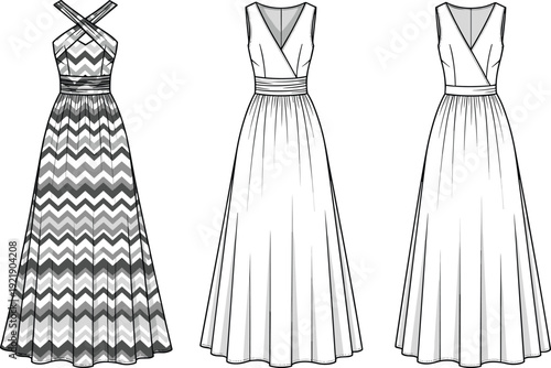 Women's evening maxi dress technical cad drawing flat vector illustration, halter neck and wrap bodice gown sketches, fashion design apparel template.
