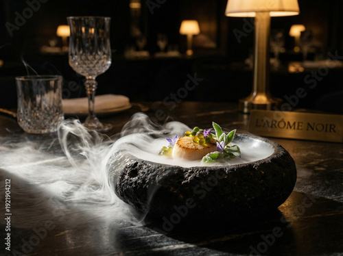 Exquisite seared scallop served in a black stone bowl with aromatic dry ice smoke, garnishes of caviar and microgreens at a luxury restaurant called L