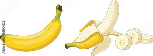 Fresh banana and peeled sliced banana fruit illustration isolated on white background for healthy food