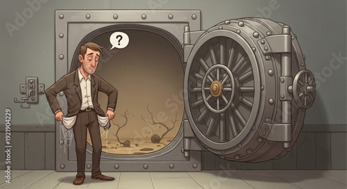 Man Stands Confused Before Empty Bank Vault With Question Mark.